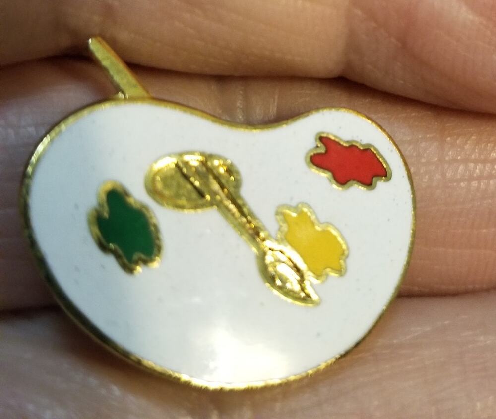 Vintage gold tone and white enamel red yellow green 1" pin